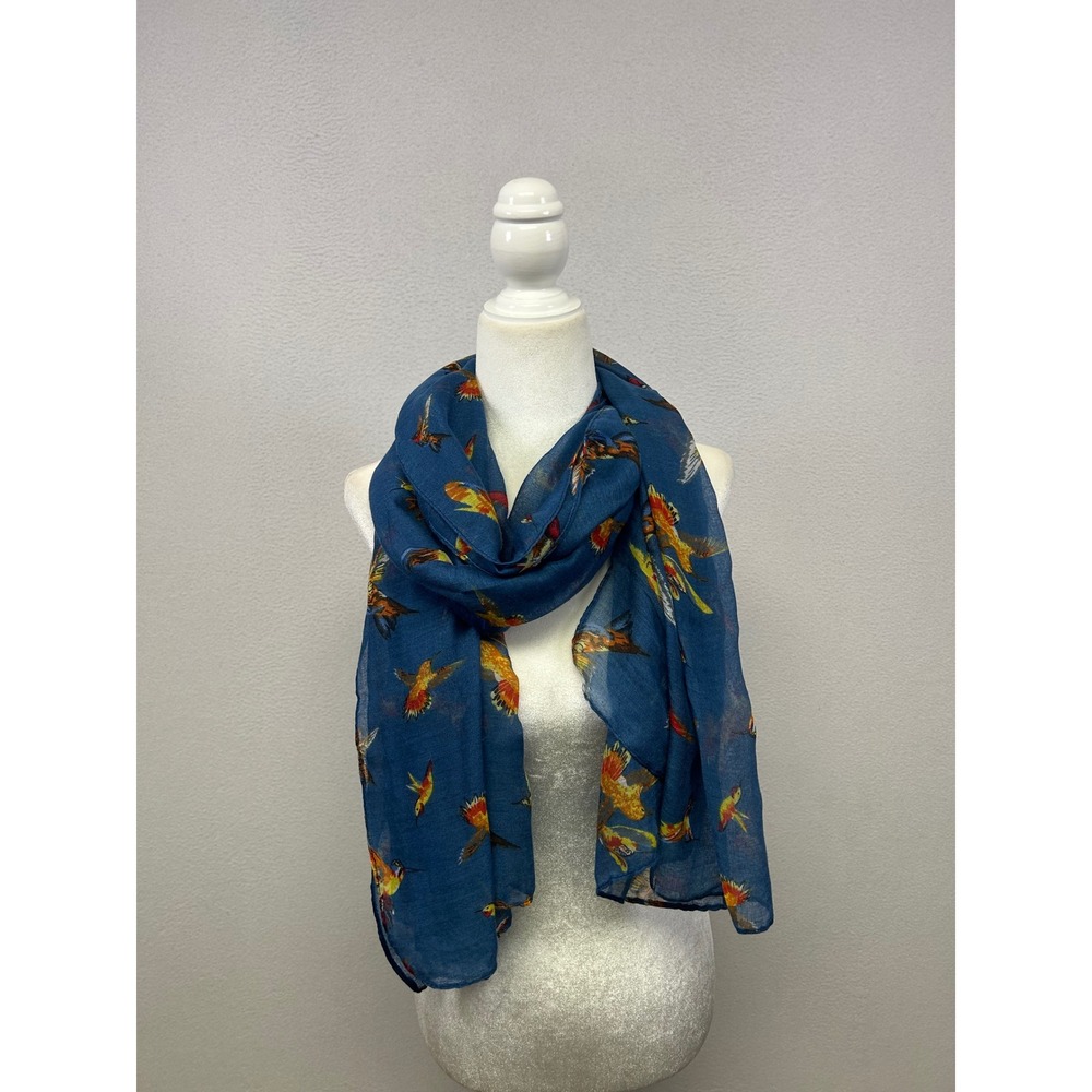 Nature Boho Gerinly Women OS Blue Hummingbird Print Sheer Lightweight Scarf Wrap